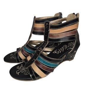Elite By Corkys Shoes Womens 9 Multicolor Leather Wedge Sandals Nevis Gladiator